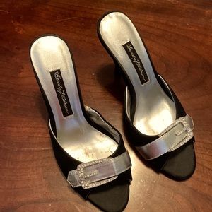 Beverly Feldman black satin heels with silver and crystal bow in size 5.5